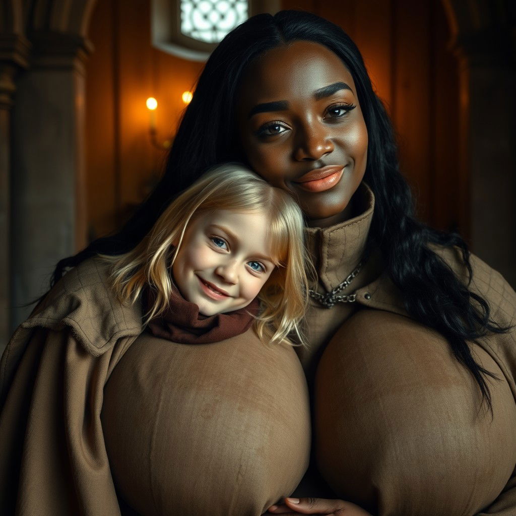 In a medieval room, a very happy 19-year-old blonde girl, who appears slightly malnourished and is very short in stature, has medium-length hair and bright blue eyes