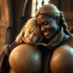 In a medieval room, a very happy 19-year-old blonde girl, who appears slightly malnourished and is very short in stature, has medium-length hair and bright blue eyes