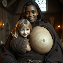 In a medieval room, a very happy 19-year-old blonde girl, who appears slightly malnourished and is very short in stature, has medium-length hair and bright blue eyes