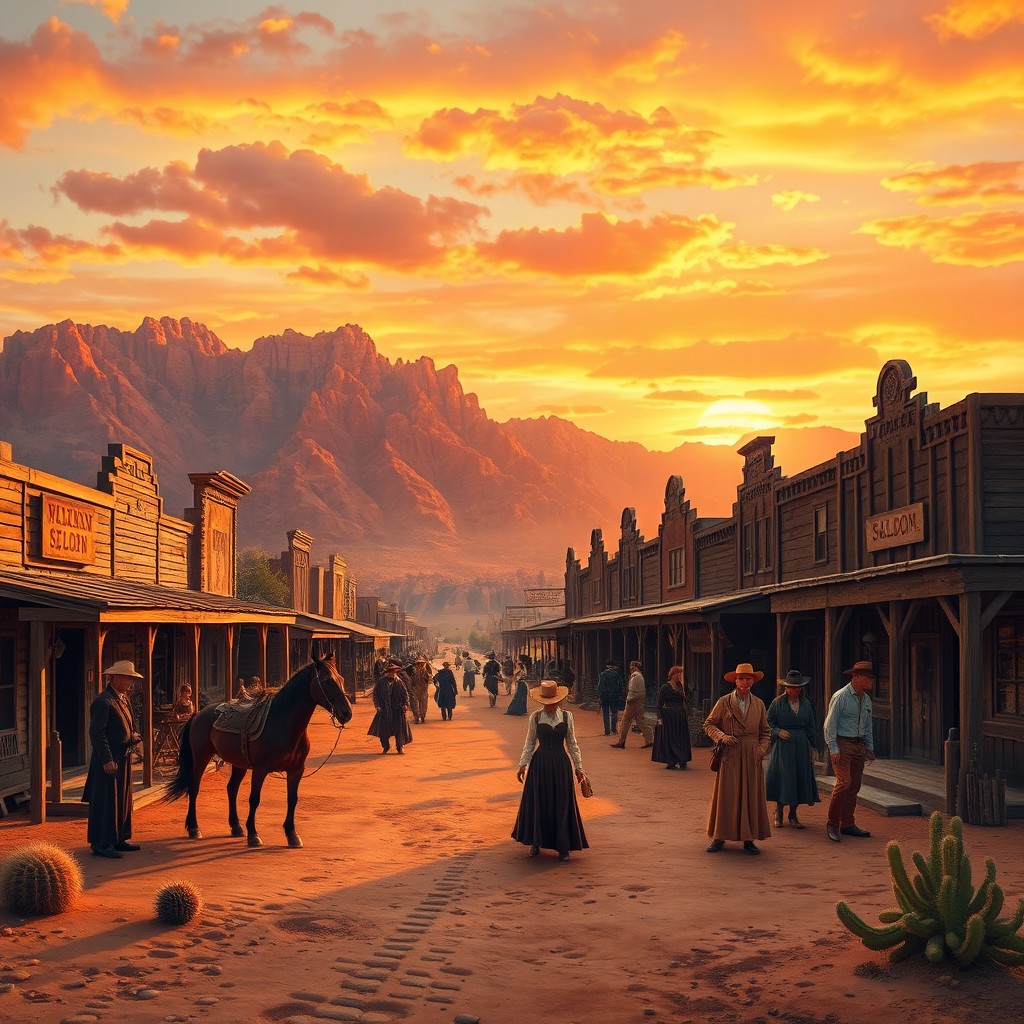 A vibrant Western scene depicting a dusty frontier town during sunset