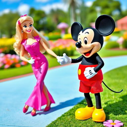 A playful scene featuring a stylish Barbie holding the hand of a cheerful Mickey Mouse, both smiling happily
