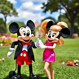A playful scene featuring a stylish Barbie holding the hand of a cheerful Mickey Mouse, both smiling happily