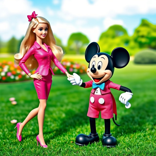 A playful scene featuring a stylish Barbie holding the hand of a cheerful Mickey Mouse, both smiling happily