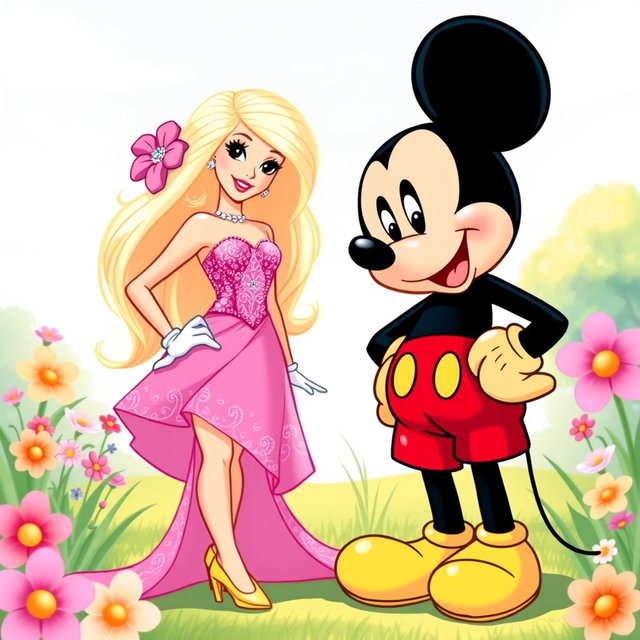 A delightful illustration featuring Barbie and Mickey Mouse together in a whimsical setting