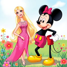A delightful illustration featuring Barbie and Mickey Mouse together in a whimsical setting