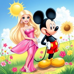 A delightful illustration featuring Barbie and Mickey Mouse together in a whimsical setting