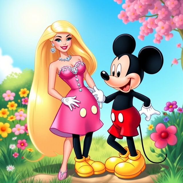A delightful illustration featuring Barbie and Mickey Mouse together in a whimsical setting