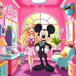 A charming illustration of Barbie and Mickey Mouse inside a vibrant and playful clubhouse