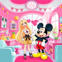 A charming illustration of Barbie and Mickey Mouse inside a vibrant and playful clubhouse