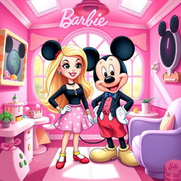 A charming illustration of Barbie and Mickey Mouse inside a vibrant and playful clubhouse