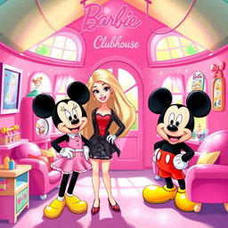 A charming illustration of Barbie and Mickey Mouse inside a vibrant and playful clubhouse