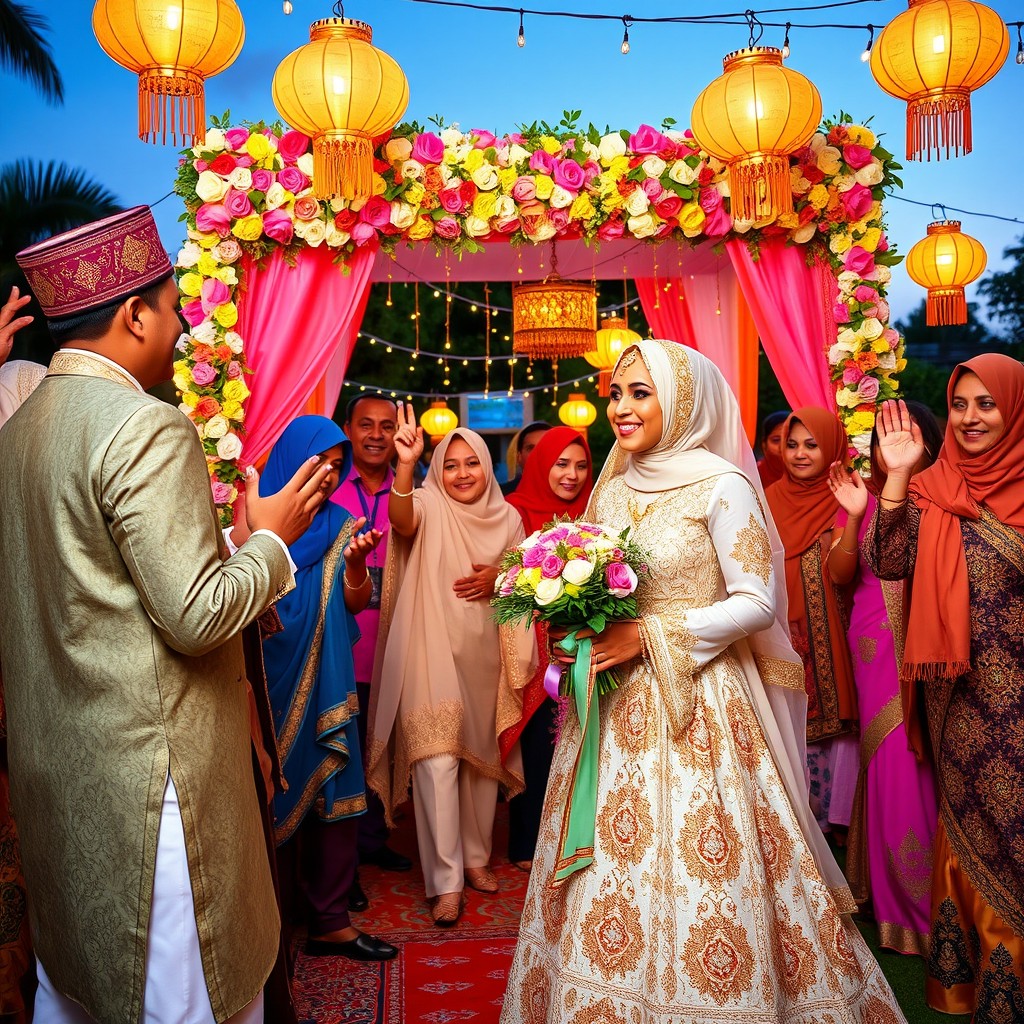 A vibrant and joyous Muslim wedding ceremony depicted in an outdoor setting