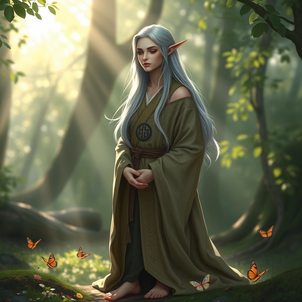 A serene female elf monk from Dungeons and Dragons, dressed in a flowing robe adorned with ancient symbols, standing in a tranquil forest setting
