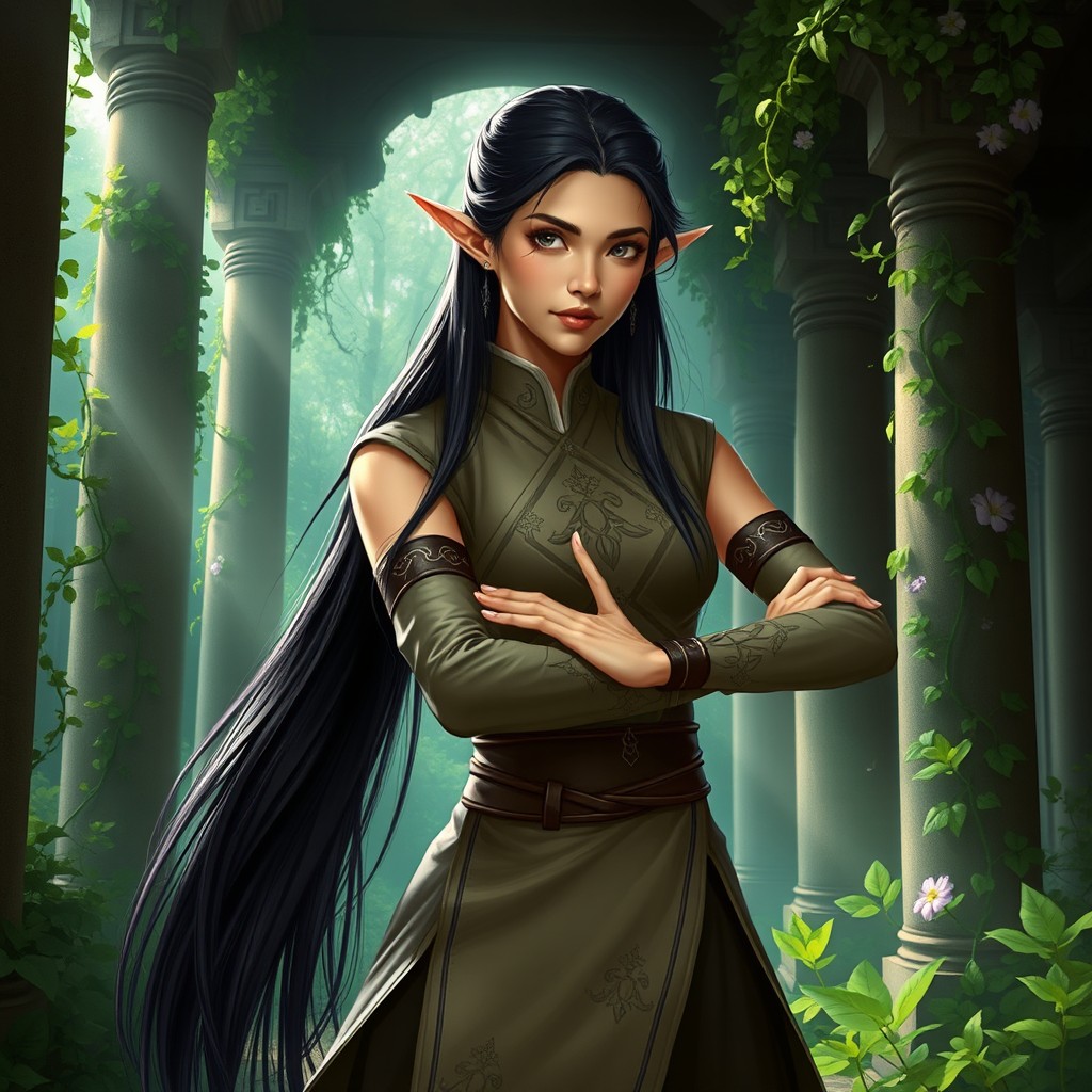 A striking female elf monk from Dungeons and Dragons, featuring long, dark hair cascading down her back