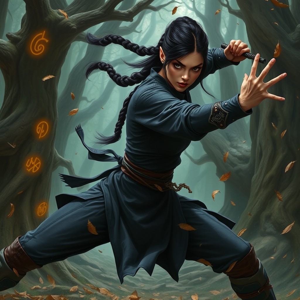 An action-packed scene featuring a fierce female elf monk from Dungeons and Dragons with long, dark hair pulled back in a warrior's braid