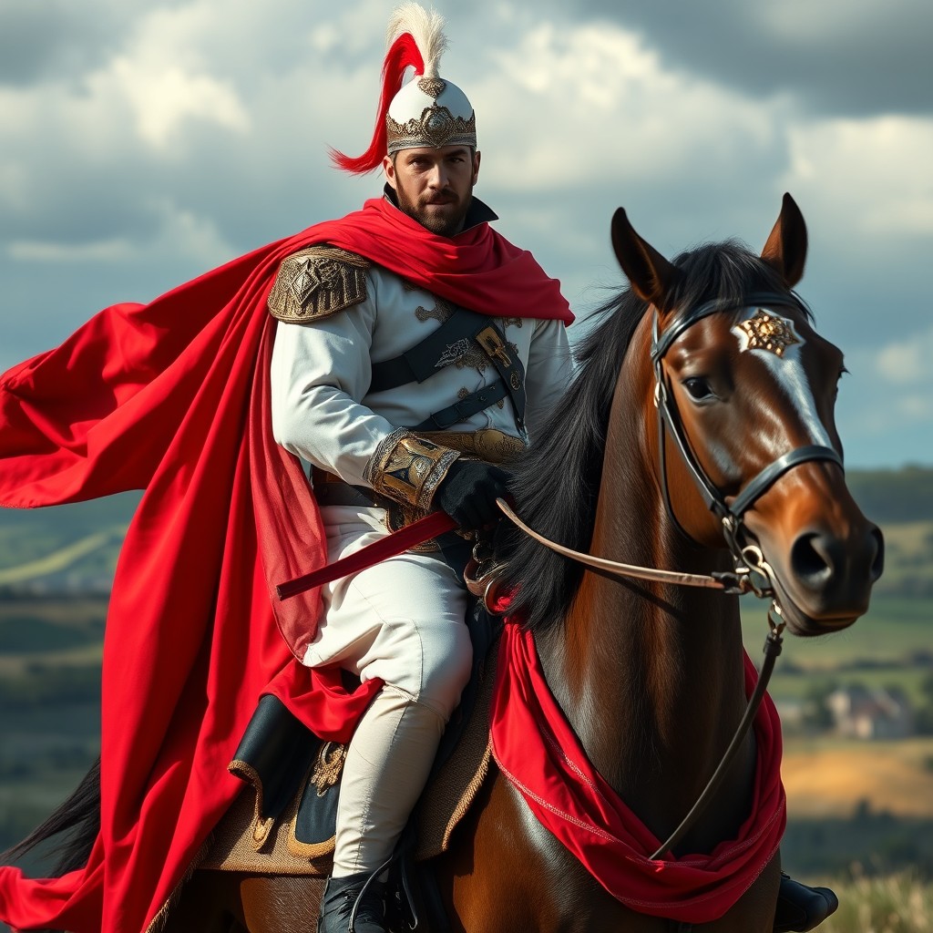 A heroic horseman in full uniform, wearing a striking red cloak and a white headpiece