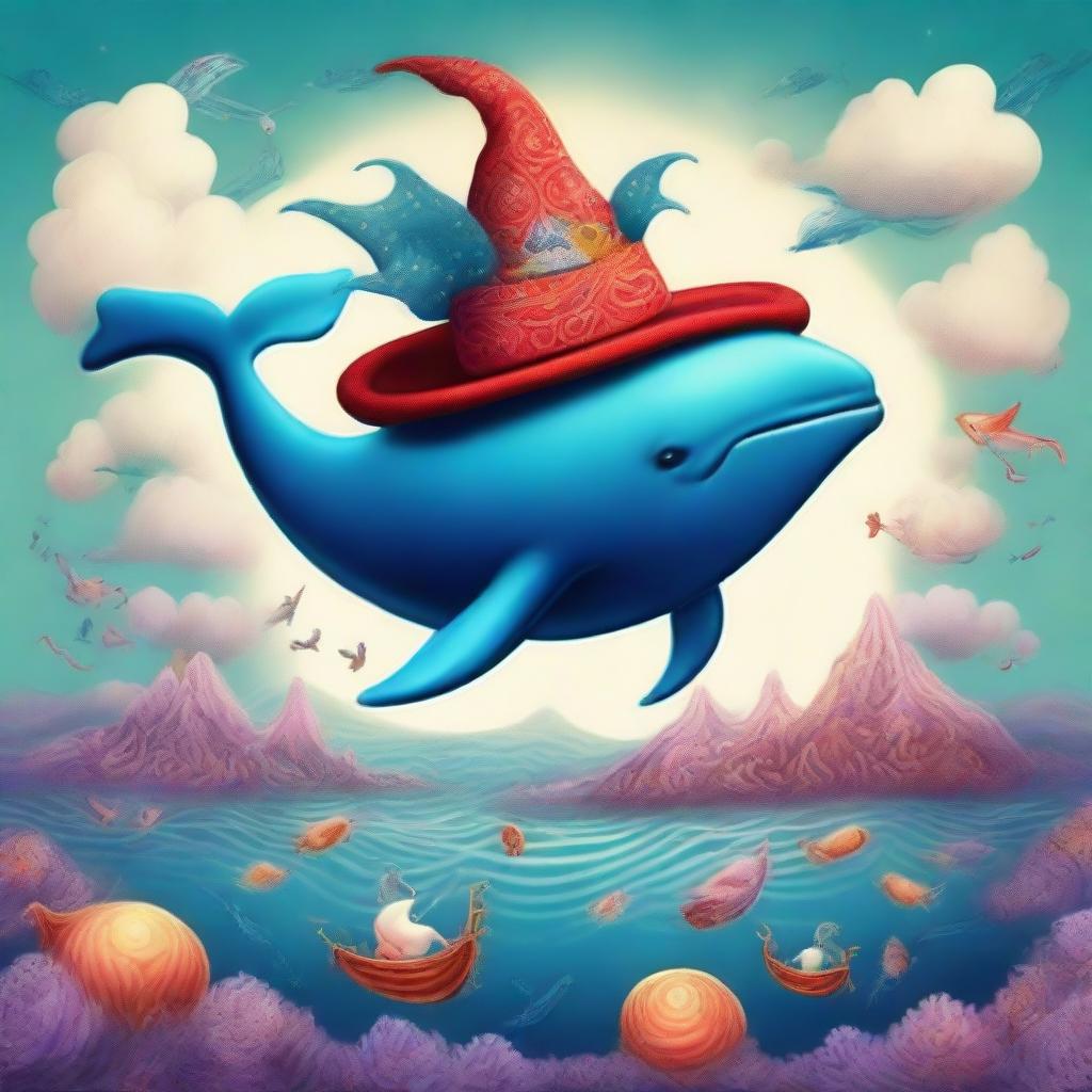 A majestic whale wearing a dragon-themed hat, immersed in a surreal and spiritual dream world.