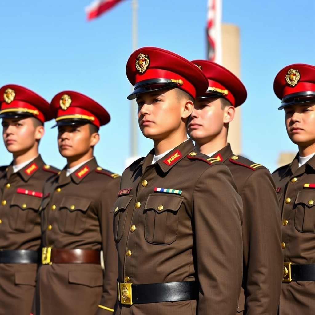 Five soldiers in full military uniform, all wearing deep red hats, standing in formation and saluting with precision