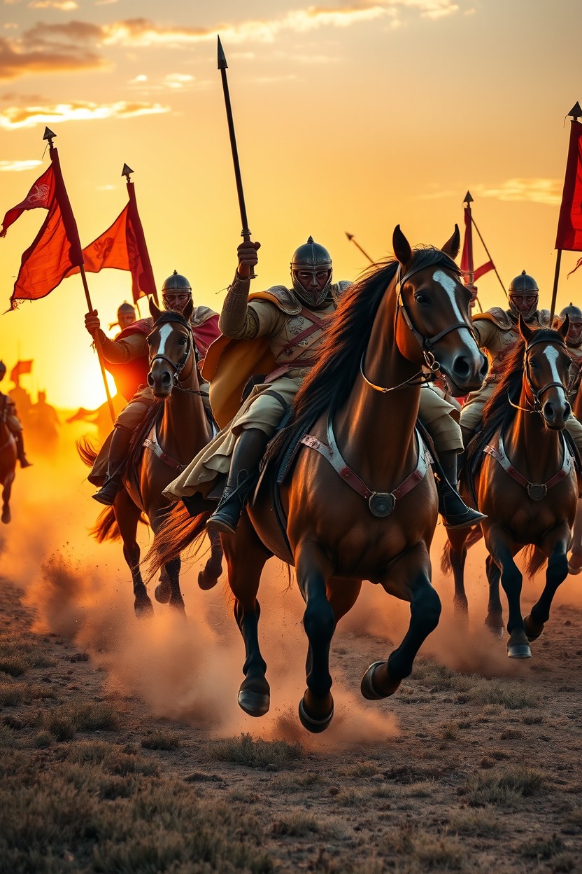 A vibrant and dynamic scene featuring a cavalry unit, passionately charging forward with high spirits