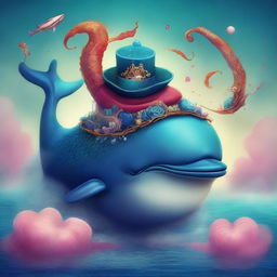 A majestic whale wearing a dragon-themed hat, immersed in a surreal and spiritual dream world.