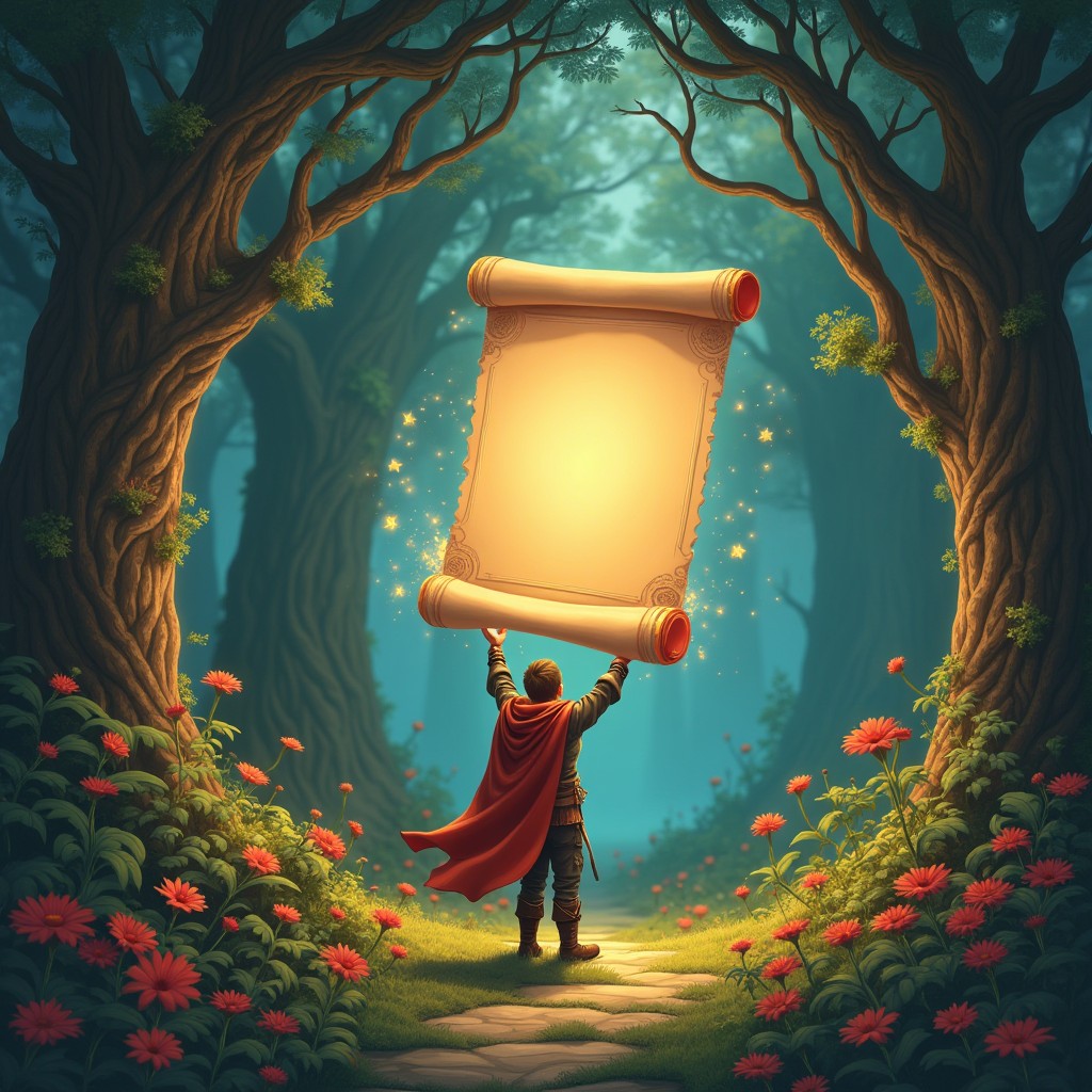 An imaginative scene depicting a whimsical quest where a brave hero receives a mysterious letter