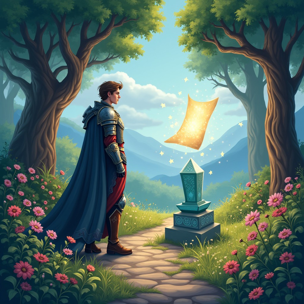 An enchanting illustration capturing the essence of a hero's journey centered around a magical letter
