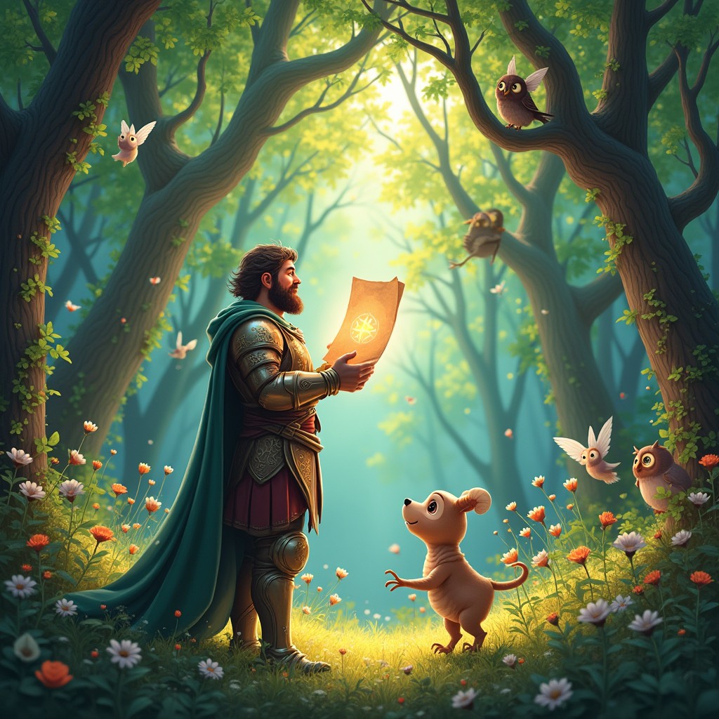 A captivating illustration depicting the moment a hero receives a mystical letter in the heart of an enchanted forest