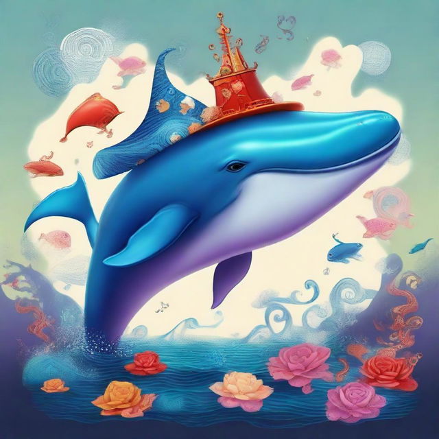 A majestic whale wearing a dragon-themed hat, immersed in a surreal and spiritual dream world.