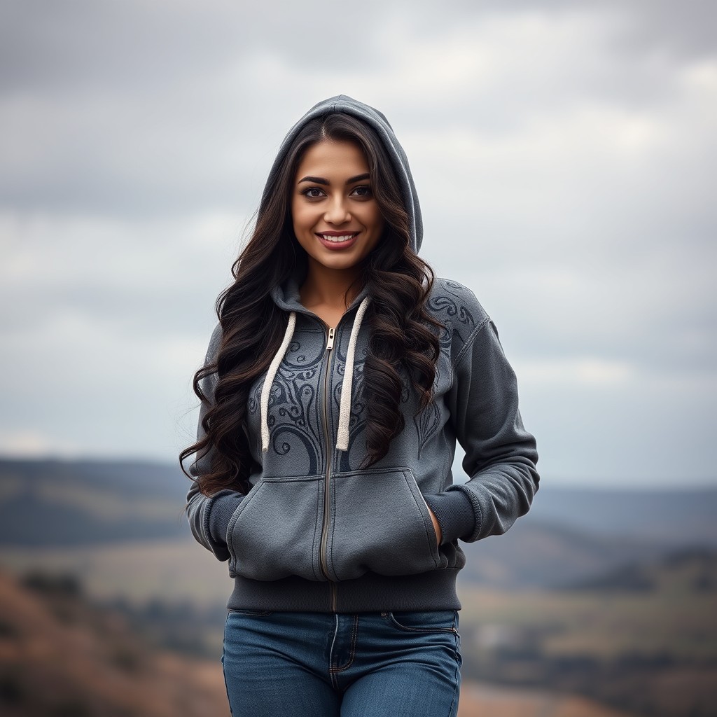 A gorgeous, cute Armenian woman wearing a stylish hoodie and jeans on a cloudy day