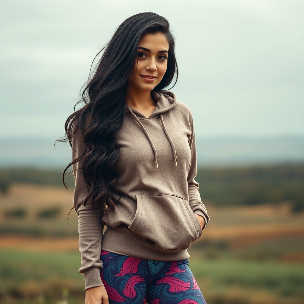A gorgeous, cute Armenian woman wearing a stylish hoodie and yoga leggings on a cloudy day