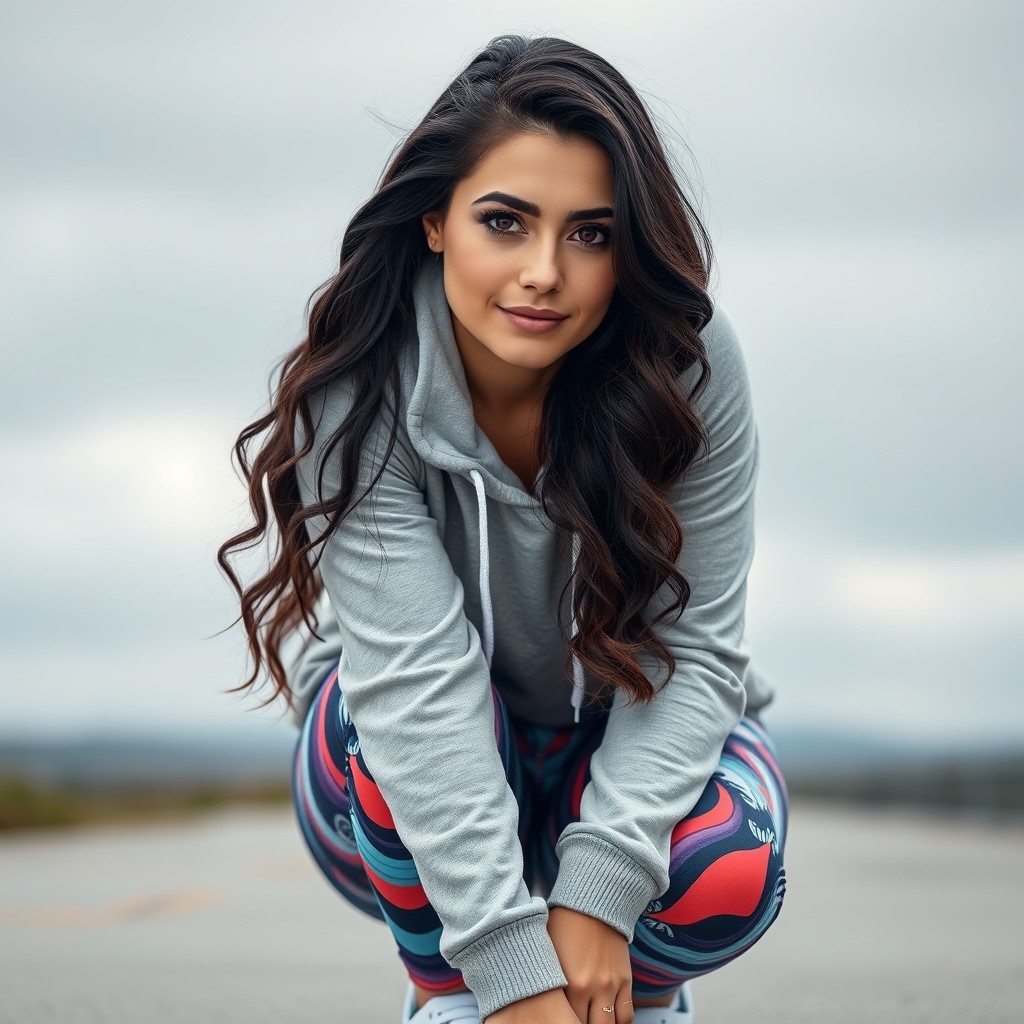 A gorgeous, cute Armenian woman crouching down while wearing a stylish hoodie and yoga leggings on a cloudy day