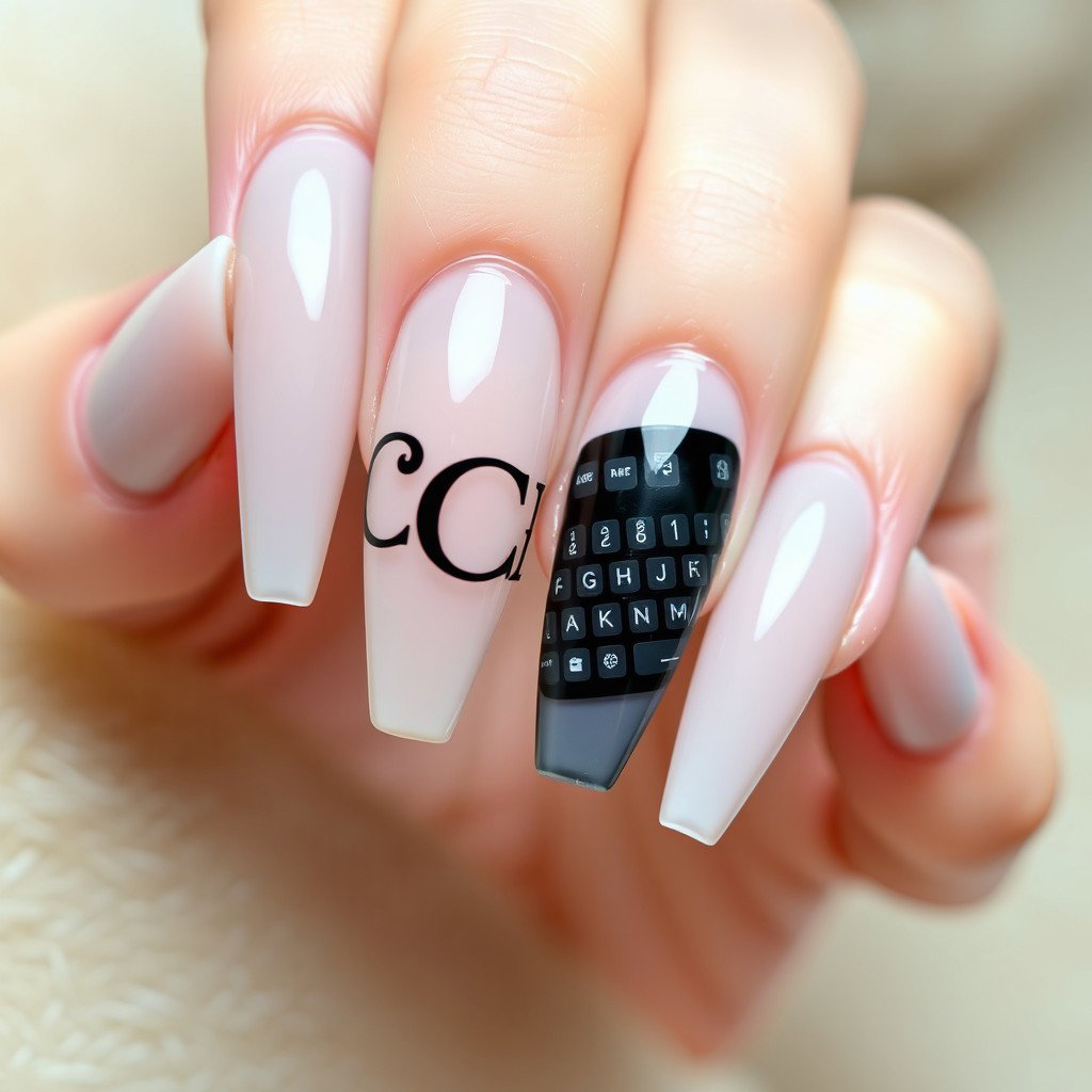 A beautifully designed gel nail featuring the initials 'CCB' creatively incorporated into the nail art