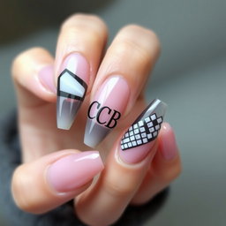 A beautifully designed gel nail featuring the initials 'CCB' creatively incorporated into the nail art
