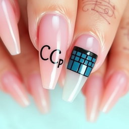 A beautifully designed gel nail featuring the initials 'CCB' creatively incorporated into the nail art