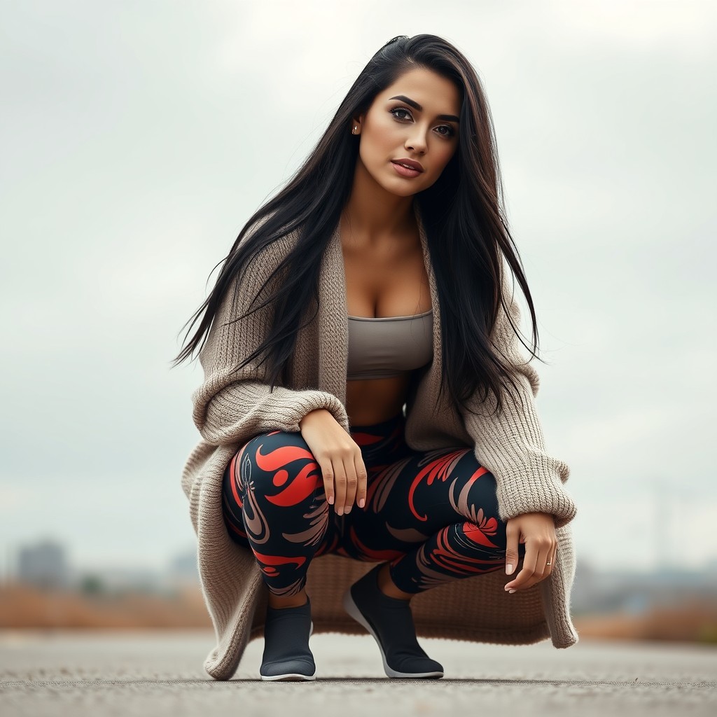 A gorgeous, cute Armenian woman crouching down, wearing a long sweater that elegantly complements a stylish crop top and yoga leggings
