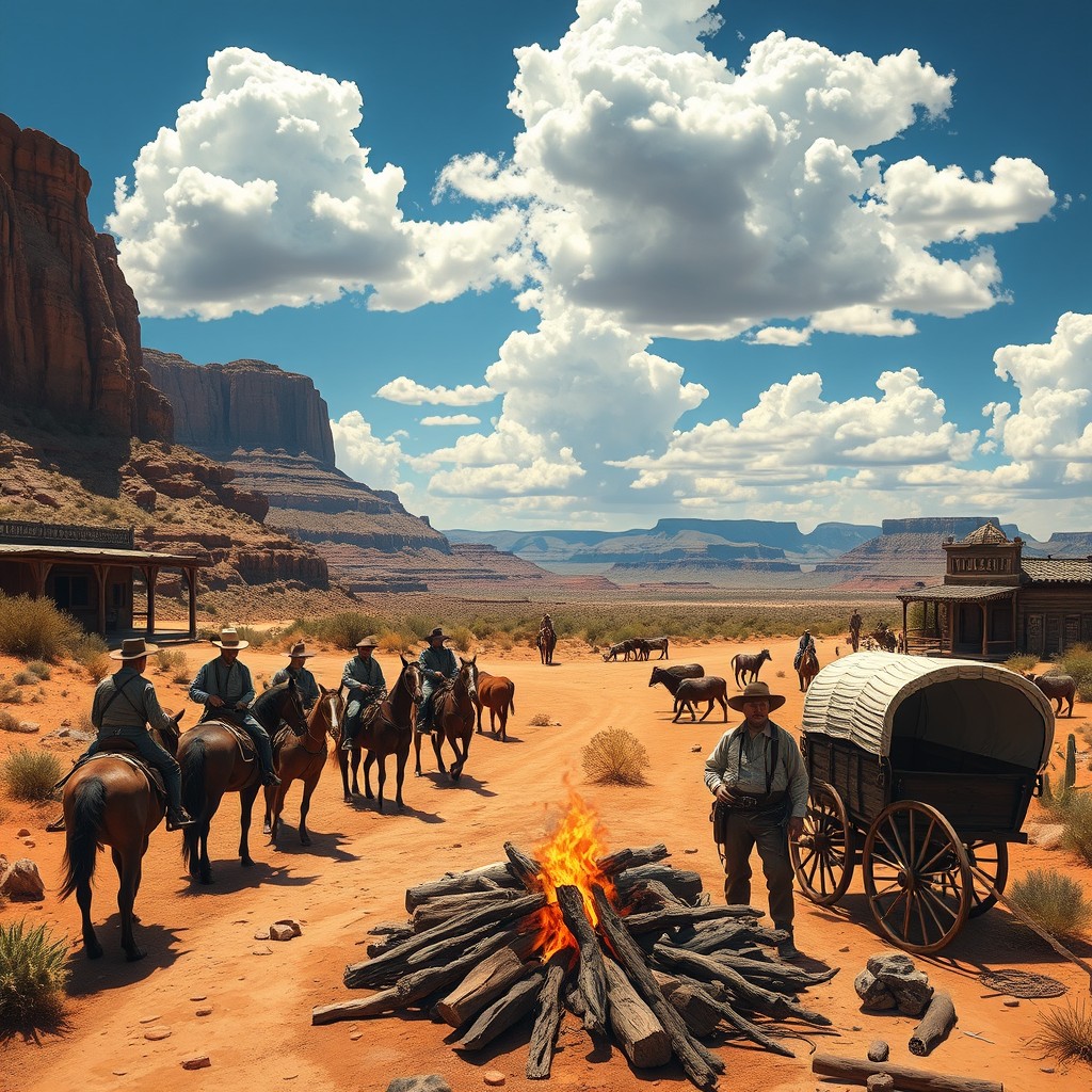 A bustling scene from the Wild West, showcasing cowboys in vintage attire riding horses, tied up cattle, and a wooden saloon in the background