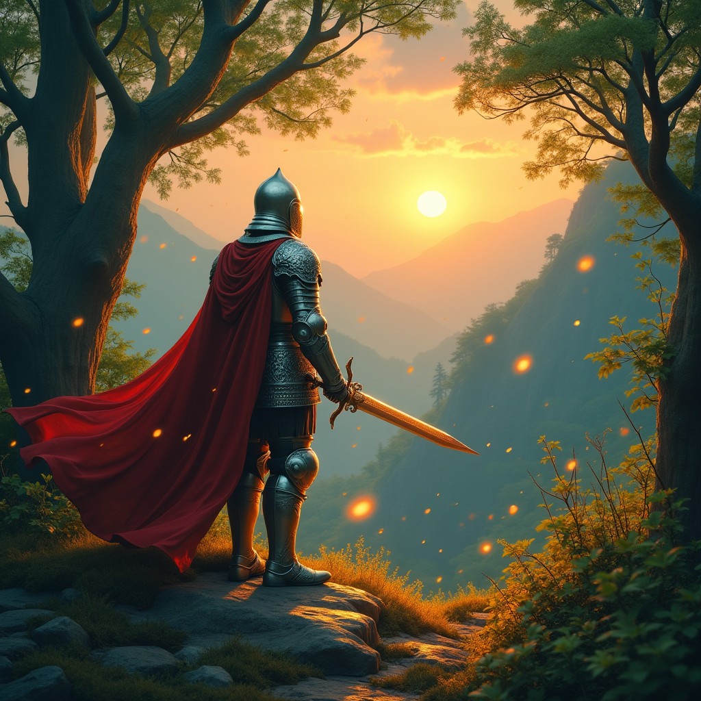 A valiant knight on a fantastic quest, standing at the edge of a mystical forest filled with vibrant emerald trees and glowing embers floating in the air