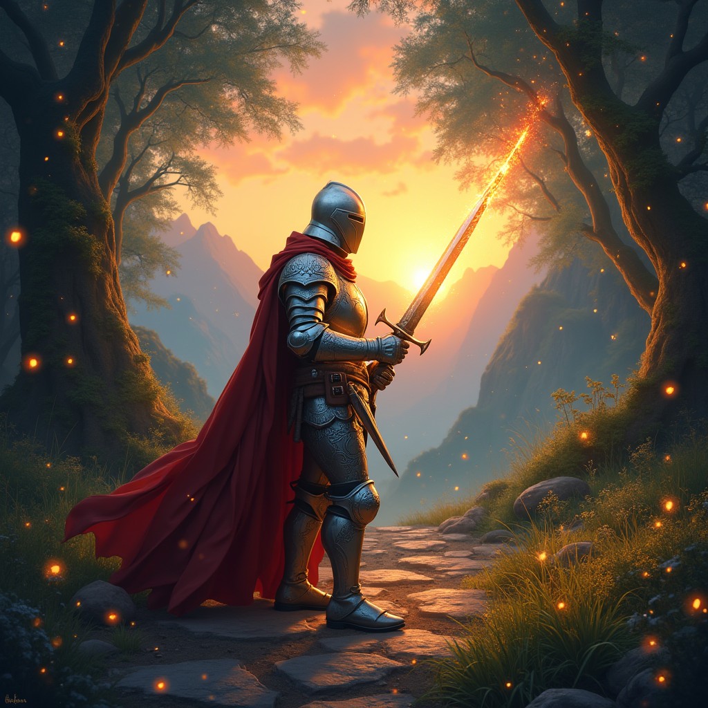 A gallant knight embarking on a heroic quest, positioned at the entrance of an enchanted forest filled with luminescent fireflies and swirling embers in the air
