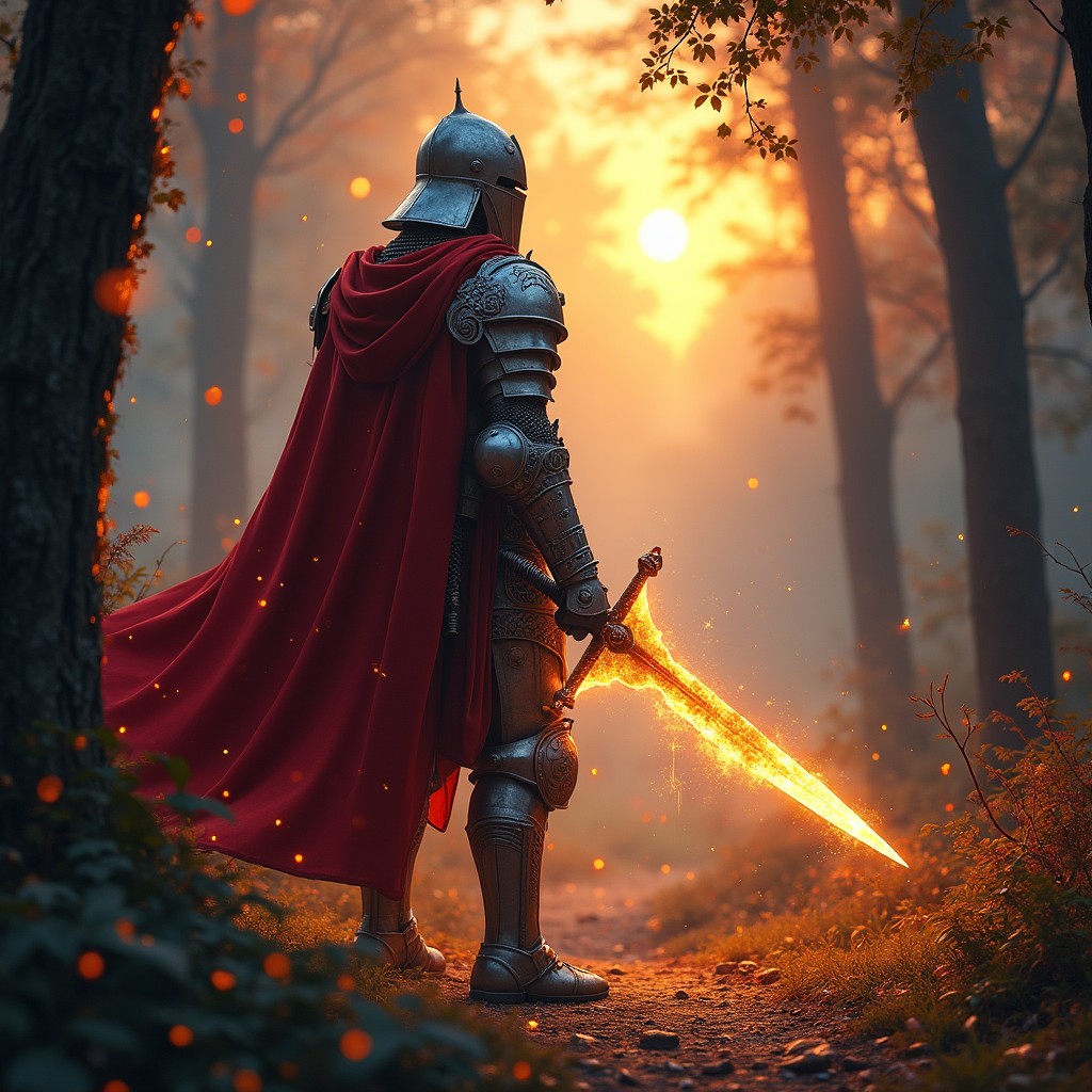A courageous knight on the 'Ember Quest', standing boldly at the entrance of a magical forest alive with glowing embers and shimmering fireflies