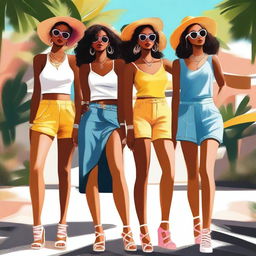 A high-quality digital art piece featuring a group of fashionable young women