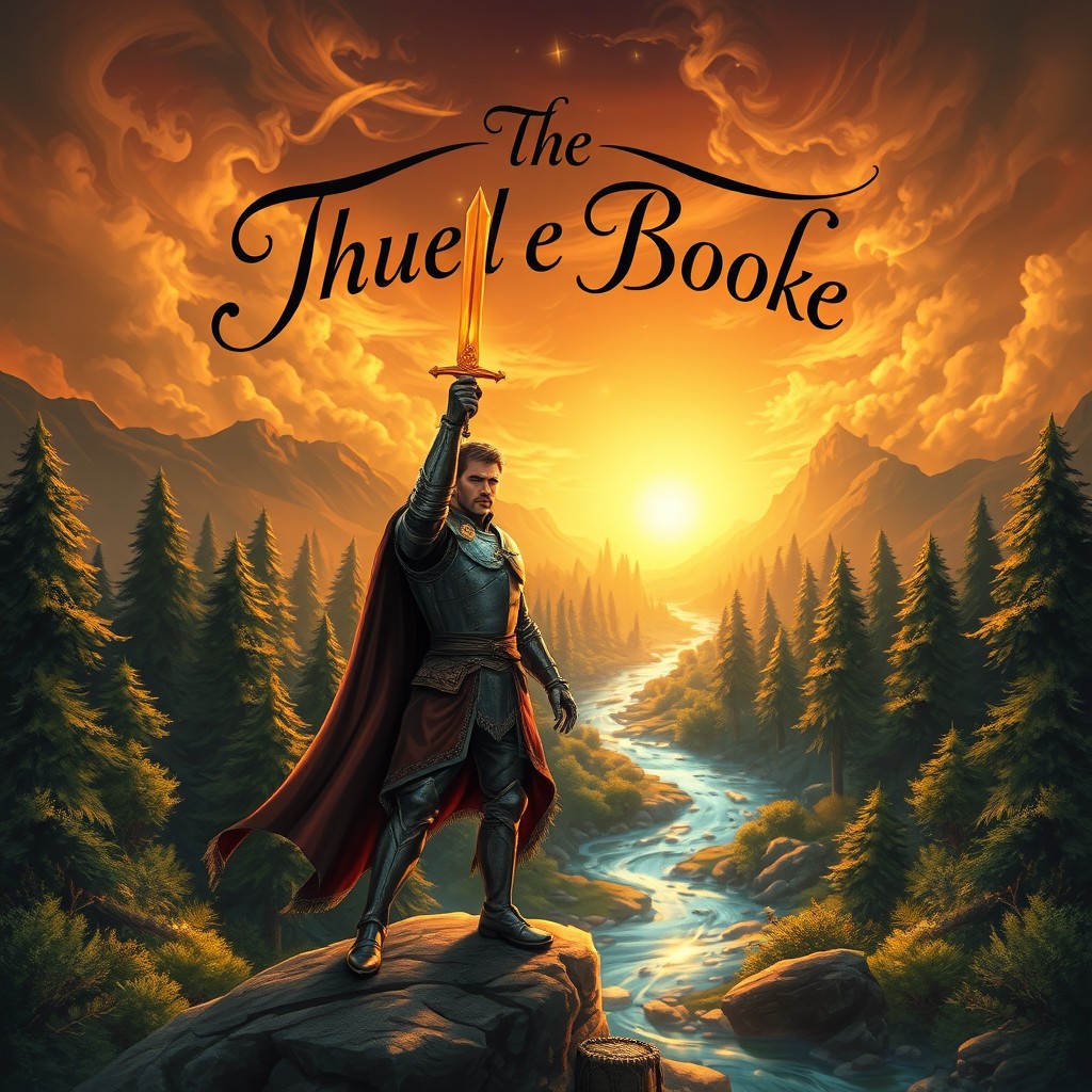 A captivating book cover design featuring an enchanting fantasy landscape with a mystical forest and a shimmering river flowing through it