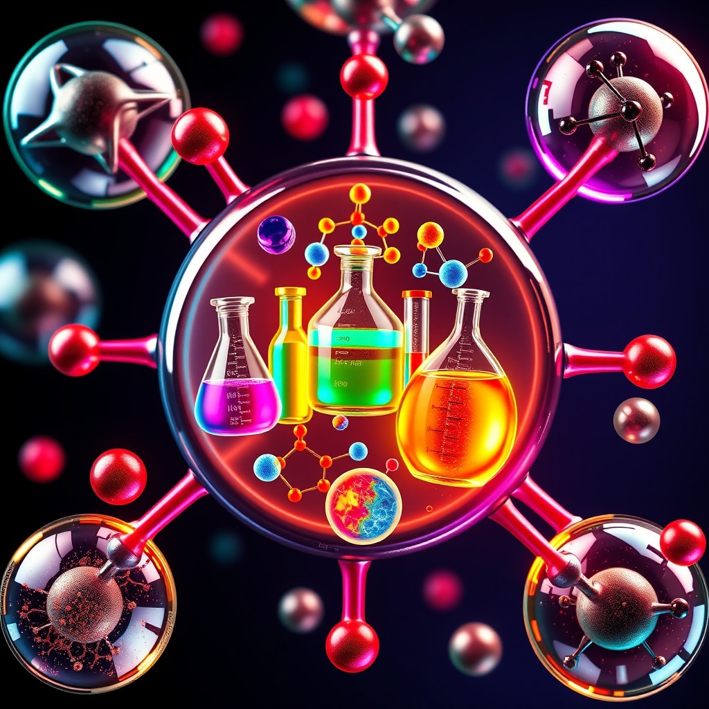 A realistic 3D representation of various atoms or atomic structures, within the center showcasing illustrations of laboratory equipment like beakers, test tubes, and petri dishes