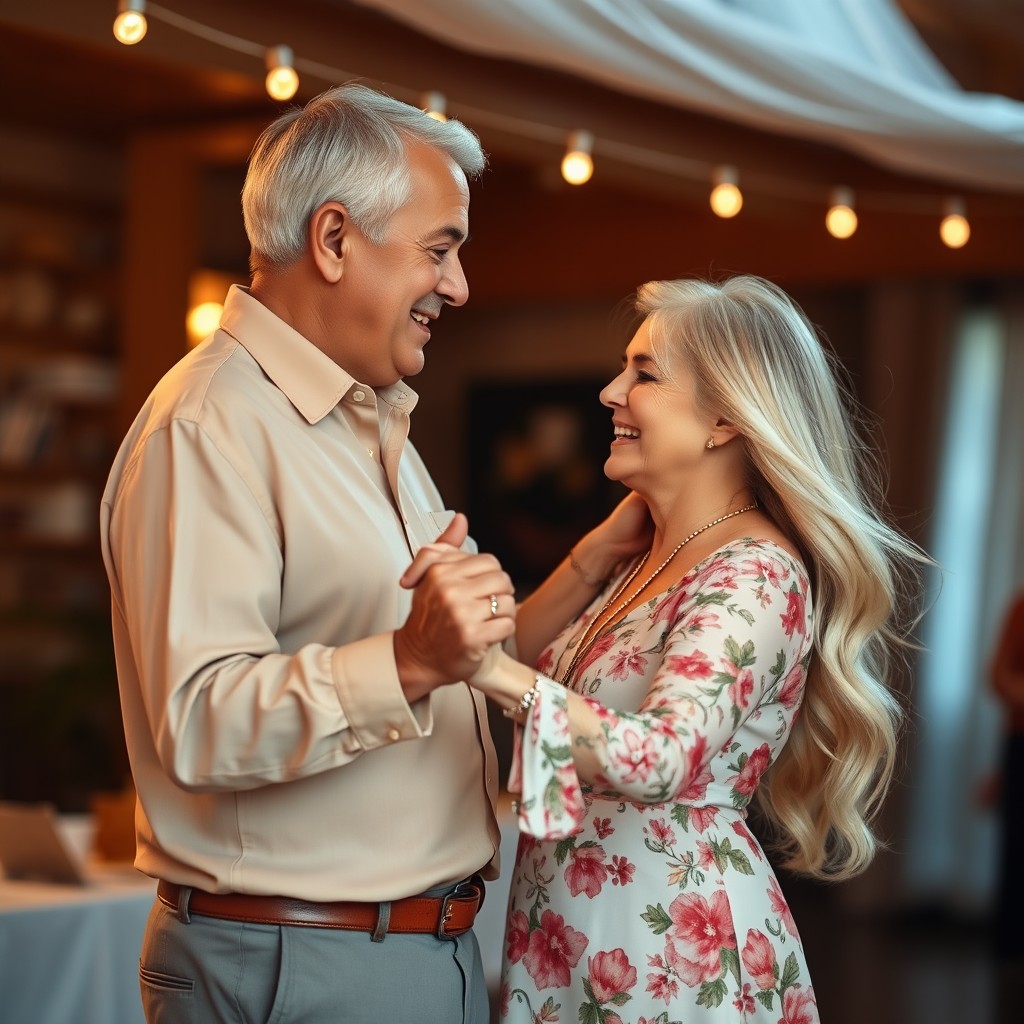 A lifelike image of an elderly couple dancing together