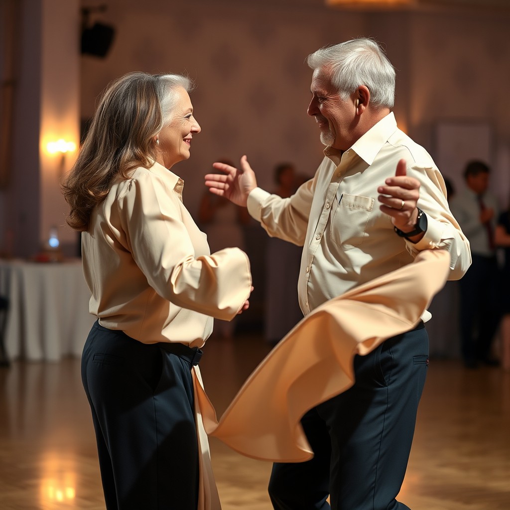 A lifelike image of an elderly couple dancing gracefully on the dance floor, captured from a medium distance