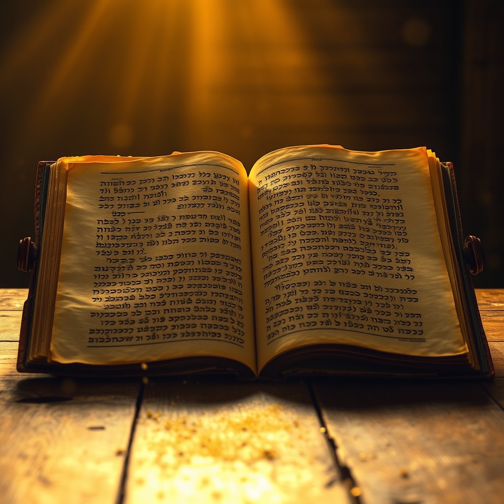 An ancient Torah scroll fully opened on a rustic wooden table, featuring intricate Hebrew calligraphy written in precise black ink on aged parchment