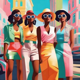 A digital art piece featuring a group of stylish women dressed in summer attire