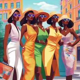 A digital art piece featuring a group of stylish women dressed in summer attire