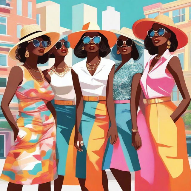 A digital art piece featuring a group of stylish women dressed in summer attire