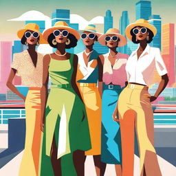 A digital art piece featuring a group of stylish women dressed in summer attire