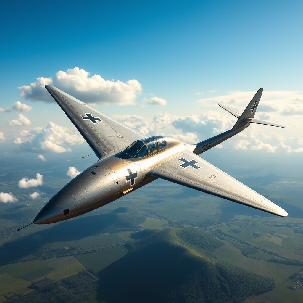 A stunning visual representation of the Messerschmitt Me 163 Komet, emphasizing its unique rocket-powered design and distinct delta wing shape